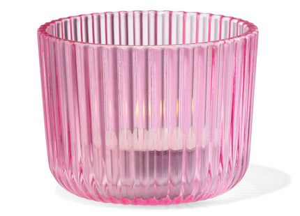 theelichthouder S glas ribbel roze