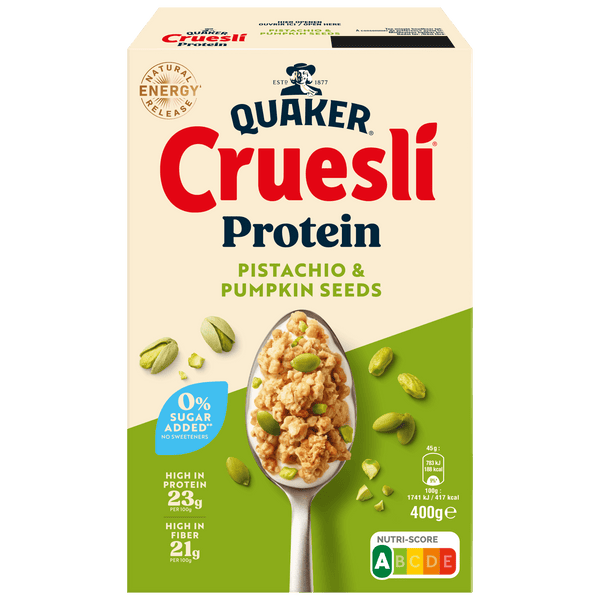 Quaker Cruesli protein no added sugars pistachio