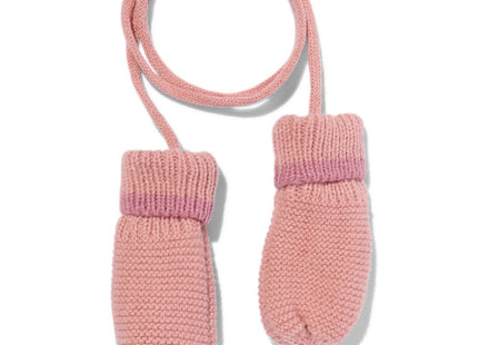 knitted baby mittens with cord pink