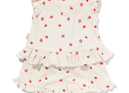 newborn kledingset shirt en short badstof aardbeien gebroken wit