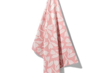 theedoek 65x65 katoen roze met tulpen