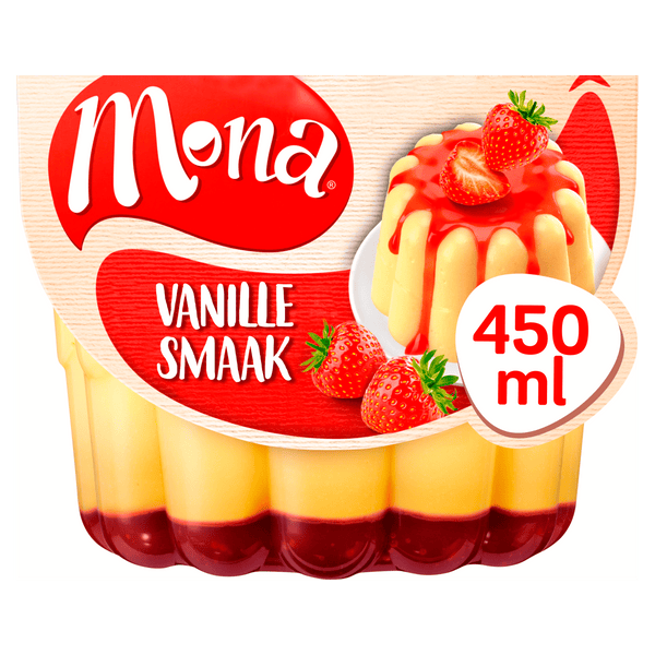 Mona Vanillepudding met aardbeiensaus