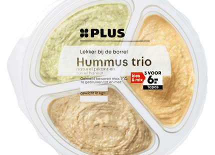 Hummus trio pesto, rode ui, srichacha