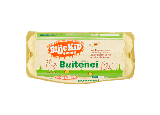 Blije Kip Buiten ei vrije uitloop eieren L.
