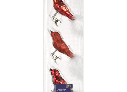 Decoris 3 glazen vogeltjes op clip rood