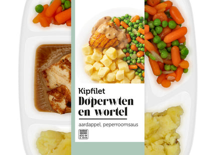 Kipfilet pepersaus met wortel en doperwt