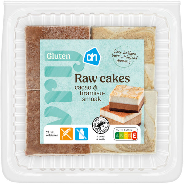 Gluten-free raw cakes, chocolate and tiramisu flavour
