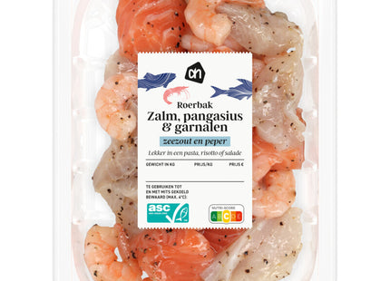 Roerbak zalm pangasius garnalen zeezout