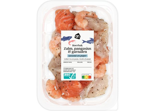 Roerbak zalm pangasius garnalen zeezout