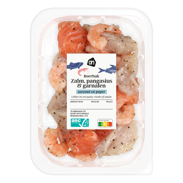 Roerbak zalm pangasius garnalen zeezout