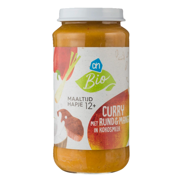 Biologisches Curry mit Rindfleisch und Mango in Kokos 12m+