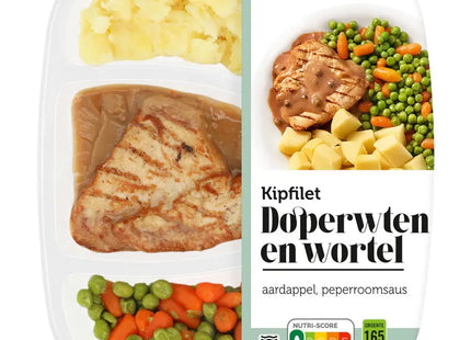 Kipfilet pepersaus met wortel en doperwt  Dutchshopper