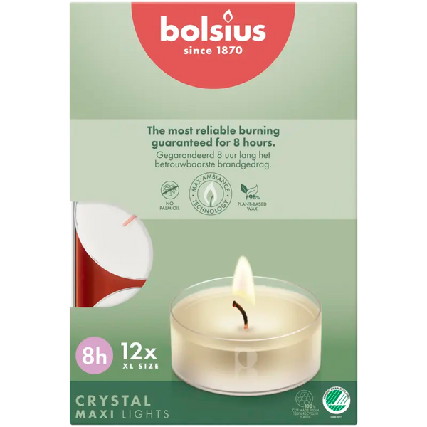 Bolsius Maxi waxinelichtje clear cup 8 branduren