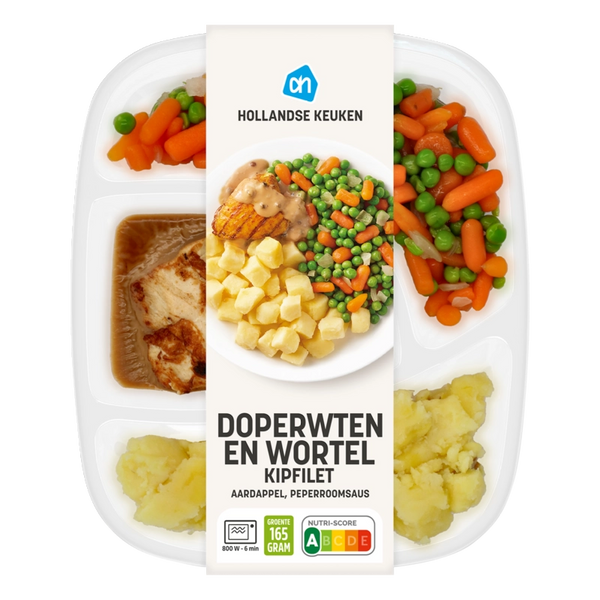 Kipfilet pepersaus met wortel en doperwt
