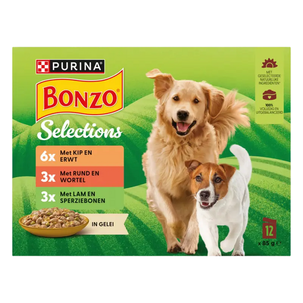 Bonzo Meal Pouches in Jelly beef, chicken, lamb