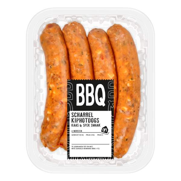 BBQ free-range chicken hot dog with cheese and bacon