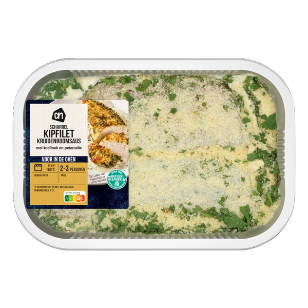 Oven dish with free-range chicken in herb cream sauce