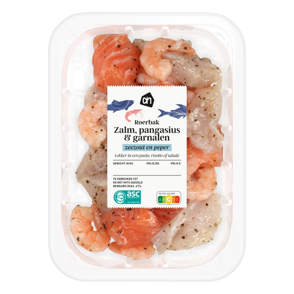 Roerbak zalm pangasius garnalen zeezout