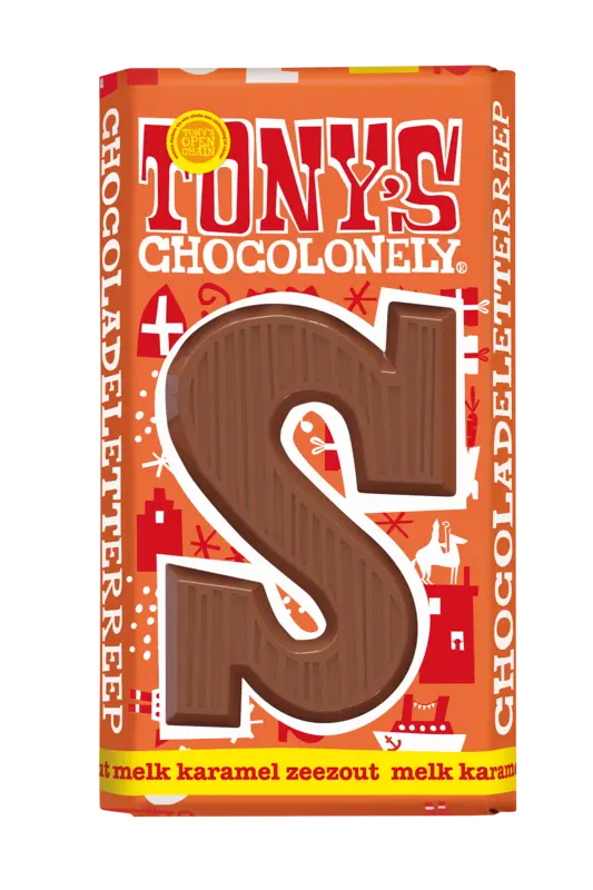 Tony's Chocolonely Schokoladenbuchstaben-Riegel Vollmilch Karamell Meersalz